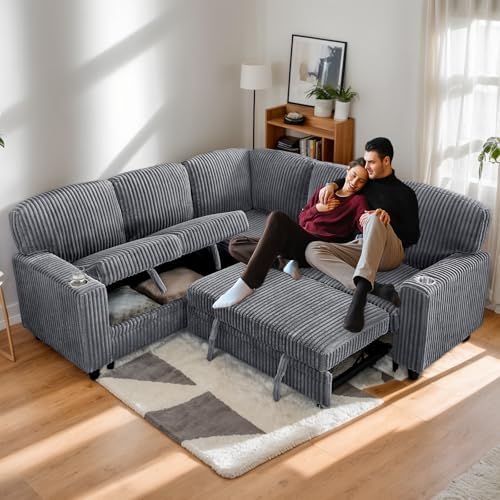 81'' Modular Sectional Sleeper Sofa with Pull Out Bed, U Shaped Sectional Couch with Storage & USB Charging, Extra Wide and Deep Seat Couches for Living Room (Grey)
