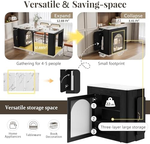 Extendable Dining Table for 4-6, 33''-59'' Extending Dining Table w/Removable Leaves Space Saving, Mobile Rolling Island Tables with Power Outlet Wooden Adjustable Tables for Kitchen (Black)