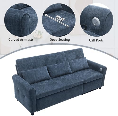 2-in-1 Sleeper Sofa with Pull Out Couch Bed and a Reversible Recliner, 82'' Convertible Chenille Cloud Couch with USB & Adjustable Backrest Comfy Recliner Couches for Living Room Apartment (Blue)