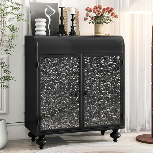 Accent Storage Cabinet with 2 Doors, Sideboard Steel Buffet Cabinet with Storage Embossed for Entryway Living Room Dining Room