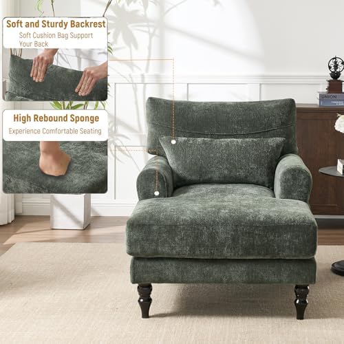 Accent Chair, 51'' Modern Armchair for Living Room, Upholstered High Back Lazy Sleeper Armchair Recliner for Woman, Chaise Lounge Chair Indoor, Single Reading Sofa Chair with Wood Legs (Green)