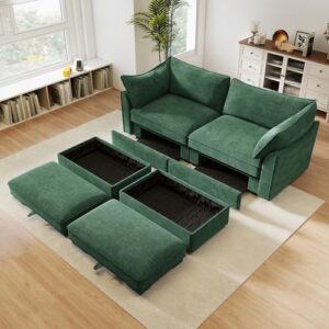 78.7" Cloud Sectional Couches for Living Room, Convertible L-Shape Deep Seat Couch with 2 Storage Ottoman, 2 Seater Modular Sectional Sofa for Living Room/Bedroom/Office (Green, Loveseat - 2 Ottomans)