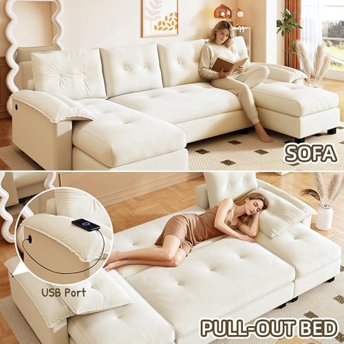 105" Sectional Couches for Living Room with Pull Out Bed, 2 in 1 Convertible U Shaped Couch Bed with Armrests & USB Ports, 5 Seat Comfy Sectional Modular Sleeper Sofa (Beige)