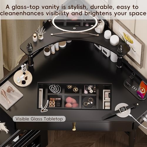 Makeup Vanity Desk Without Mirror, Corner Vanity Desk Set with Storage Cushioned Stool and Charging Station, Makeup Desks with Removable Pull-Out Side Cabinet for Women, Small Place (Black)
