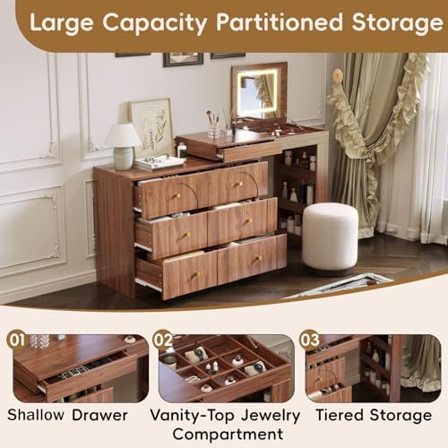 Vanity Desk with Mirror and Lights, Makeup Vanities Table with Flip-Top and Storage 7 Drawers, 9 Compartments, 3 Shelves, Corner Vanity Dressing for Bedroom (Walnut)