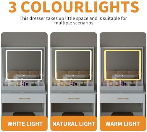 32'' Makeup Vanity Desk with Mirror and Lights, Large LED Mirror with 3 Color Modes, Makeup Vanity with Power Outlet & USB Ports, 6 Open Shelves & 2 Drawers for Women & Girls