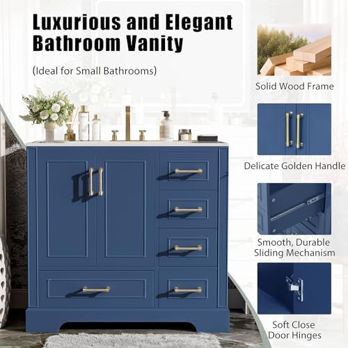 36" Bathroom Vanity with Ceramic Sink Combo, Freestanding Modern Bathroom Storage Vanity Cabinet with 2 Soft-Closing Doors & 4 Drawers, Bathroom Vanities, Solid Wood Frame, Storage Cabinet (Blue)