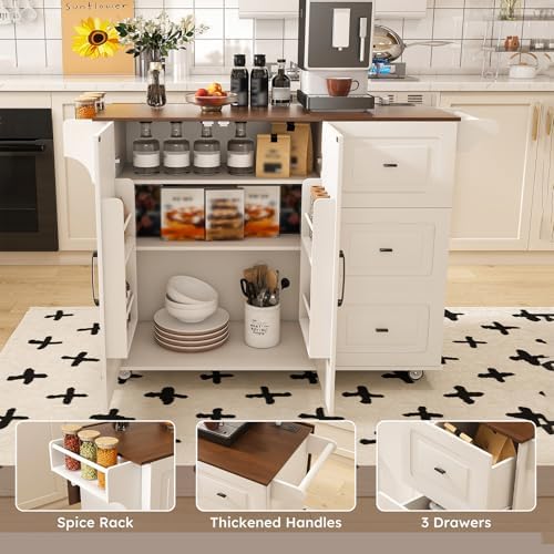 Kitchen Island Cart with Trash Can Storage, 44" Portable Kitchen Island on Wheels with Drop Leaf & Power Outlet, Large Mobile Islands Table, Bar Table with Towel Rack & Spice Rack