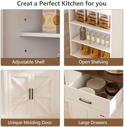 46" Kitchen Island on Wheels with Storage & Power Outlet - Movable Rustic Breakfast Bar Table, Wood Top with Adjustable Shelf & Drawer for Kitchen Dining Living Room