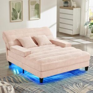 57'' W Chaise Lounge Chair Indoor, Oversized Sleeper Chair with 6-Position Adjustable Backrest and LED, Comfy Deep Seat Sofa Bed Reading Chairs Cloud Sofas Couches for Living Room (Pink)