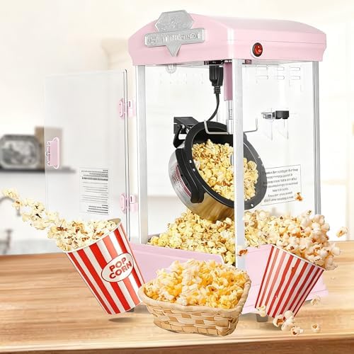 Portable Popcorn Machine, 8 Ounce Nonstick Kettle Small Popcorn Maker, Movie Theater Commercial Popper Machine for Parties, Events, and Home Theater (Pink)