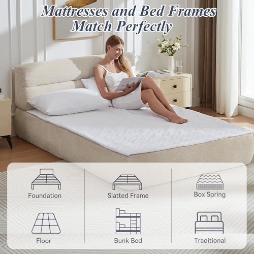 All in One Full Mattress & Bed Frame,13.5'' Memory Foam Compress Bed in a Box with Headboard | Motion Isolation | No Assembly Required | Living Room Apartment Bedroom (Khaki)