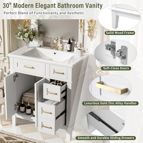 30'' Bathroom Vanity with Single Sink Combo, Freestanding Modern Bathroom Storage Sink Cabinet, Storage Cabinet with 2 Drawers & 2 Door, Solid Wood Frame for Small Bathrooms, White