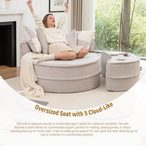 Oversized Round Chaise Longue Chair Indoor with Ottoman, Soft Velvet Upholstered Accent Barrel Chair, Cloud Large Circle Sleeper Sofa Chairs with 5 Pillows for Reading, Living Room, Bedroom (Gray)
