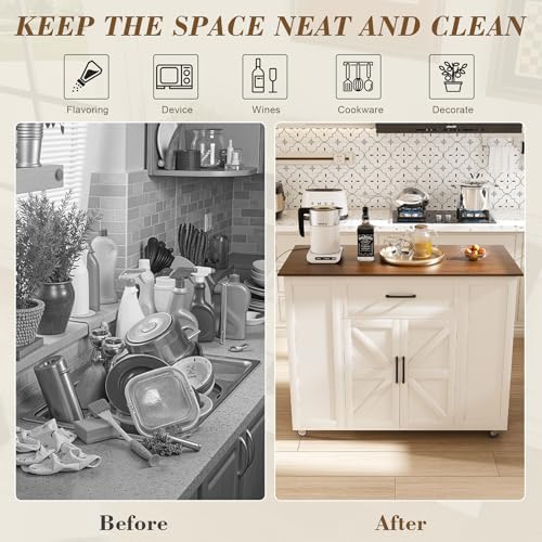 46" Kitchen Island on Wheels with Storage & Power Outlet - Movable Rustic Breakfast Bar Table, Wood Top with Adjustable Shelf & Drawer for Kitchen Dining Living Room