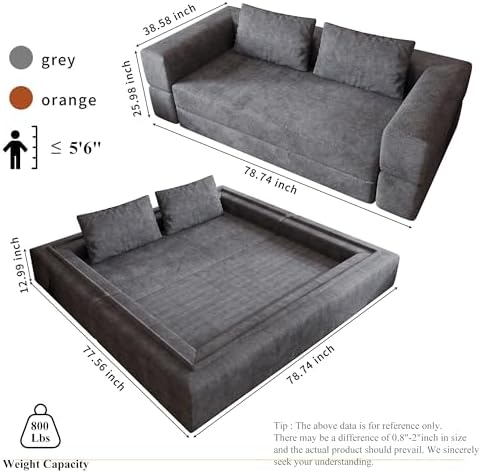 78 Inch Futon Sofa Bed, 2-in-1 Folding Convertible Sofa Bed, Oversized Chenille Upholstered Boneless Couch, Loveseat Sleeper Bed Floor Couch Modular Futon Couches for Living Room Bedroom (Grey)