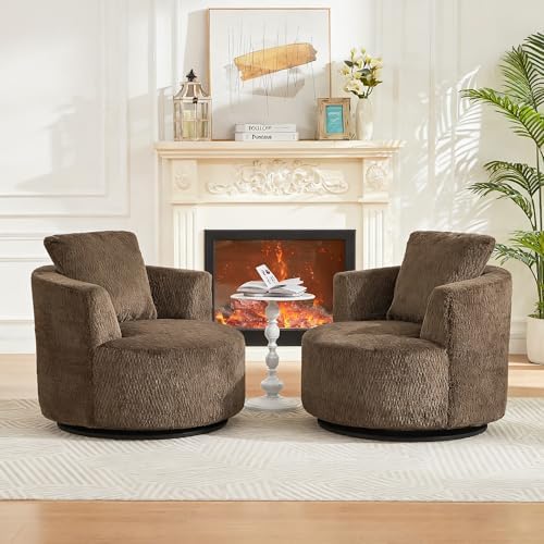 39.4'' Accent Chair for Living Room Chairs, 360° Swivel Accent Chairs, Upholstered Comfy Reading Chair for Bedroom Rotating Barrel Armchair with Metal Base for Apartment, Office (2, Dark Brown)