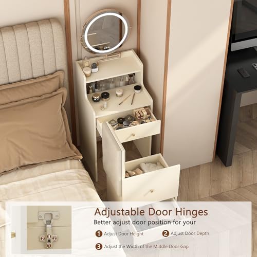 3 in 1 Vanity Desk with Flip Top Mirror, Small Make Up Vanity Set with Mirror and Lights, Compact Makeup Vanities with 2 Drawers, Cushioned Stool, Dressing Table for Bedroom (Light Yellow)