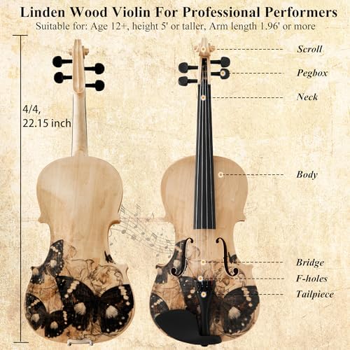 Beginner Violin 4/4 Full Size Kit, Violin Fiddle Set for Professional, Teens, Student, Hand Carved Acoustic Violins Set with Bow, Rosin, Shoulder Rest, Extra Strings and a Lightweight Hard Case