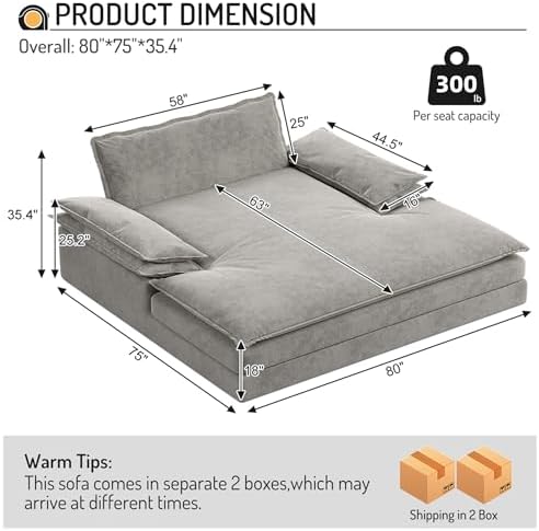 80'' Oversized Chaise Lounge Chair Indoor, Comfy Cloud Couch, Sleeper Sofa Bed, Deep Seat Loveseat Couch, Couches for Living Room, Reading Nook, or Bedroom (Grey)