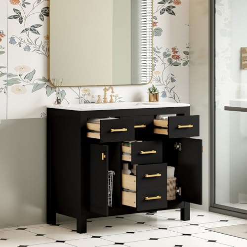 36'' Bathroom Vanity with Ceramic Sink Combo Set, Modern Freestanding Single Bathroom Cabinet with 4 Drawers & 2 Cabinets, Storage Cabinet, Solid Wood Frame Vanity Set (Black)