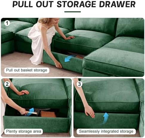 78.7" Cloud Sectional Couches for Living Room, Convertible L-Shape Deep Seat Couch with 2 Storage Ottoman, 2 Seater Modular Sectional Sofa for Living Room/Bedroom/Office (Green, Loveseat - 2 Ottomans)