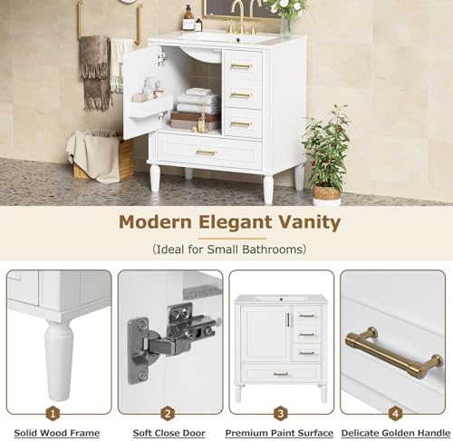 Bathroom Vanity, 30" Bathroom Vanity with Sink, Modern Storage Cabinet with 3 Drawers & 1 Door, Freestanding Bathroom Vanities, Solid Wood Frame for Small Space 30'' x 18'' x 34'' (White)