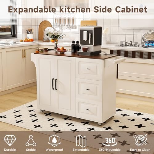 Kitchen Island Cart with Trash Can Storage, 44" Portable Kitchen Island on Wheels with Drop Leaf & Power Outlet, Large Mobile Islands Table, Bar Table with Towel Rack & Spice Rack