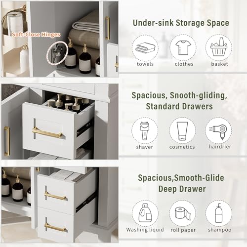 30'' Bathroom Vanity with Single Sink Combo, Freestanding Modern Bathroom Storage Sink Cabinet, Storage Cabinet with 2 Drawers & 2 Door, Solid Wood Frame for Small Bathrooms, White