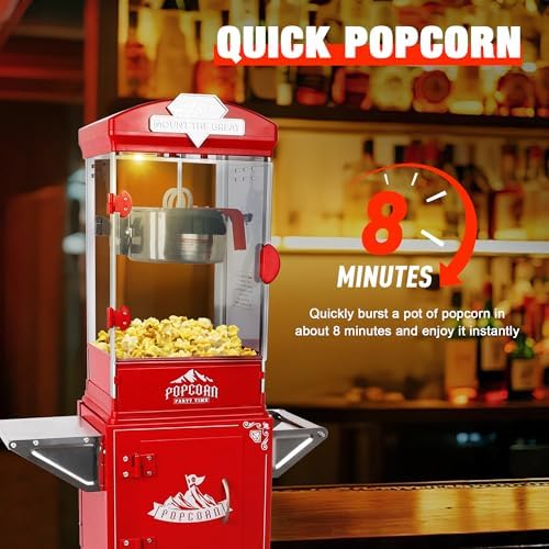 10 Oz Popcorn Machine with Cart, Popcorn Popper Makes Up to 40 Cups, Vintage Movie Theater Style Pop corn Machine with 304 Stainless-Steel Movie Night Supplies for Home (Red)