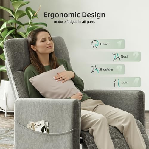 Power Recliner Chair for Adults, Lazy Linen Electric Recliner with Side Pocket, Small Nursery Recliner Whit Tall Back Living Room Chairs, Home Theater & Small Spaces for Woman (Light Grey)