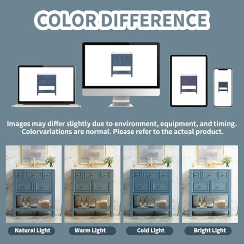 30" Bathroom Vanity with Sink Set, Vintage Bathroom Cabinet Vanity with Ceramic Basin, Extra Large Storage 5 Drawers, Solid Wood Frame Storage Cabinet (Blue)