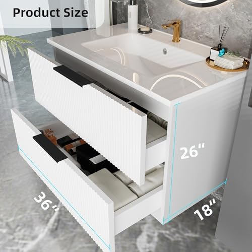 36 Inch Bathroom Vanity with Sink, Floating Ceramic Sink Bathroom Vanity with 2 Soft-Closing Drawers Wall-Mounted Bath Room Vanities for Small Space (White, 36‘’)
