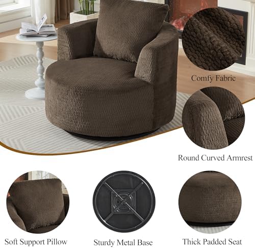39.4'' Accent Chair for Living Room Chairs, 360° Swivel Accent Chairs, Upholstered Comfy Reading Chair for Bedroom Rotating Barrel Armchair with Metal Base for Apartment, Office (2, Dark Brown)