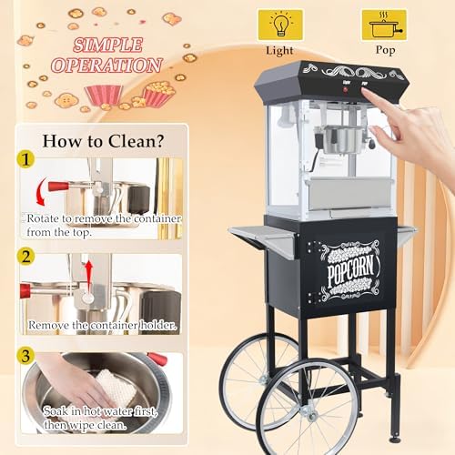 Popcorn Machine with Cart, Popcorn Maker with 8 Oz Kettle Makes Up to 32 Cups, Vintage Movie Theater Style Pop corn Machine with 304 Stainless-Steel Movie Night Supplies for Home (Black)