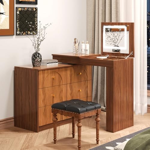 Vanity Desk with Mirror and Lights, Makeup Vanities Table with Flip-Top and Storage 7 Drawers, 9 Compartments, 3 Shelves, Corner Vanity Dressing for Bedroom (Walnut)