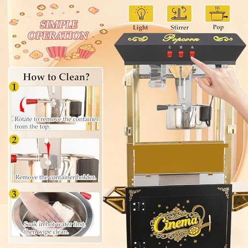 Upgraded 16oz Commercial Popcorn Machine with Cart, 850W Large Vintage Popcorn Maker for 15-20 People, Pop Corn Machine Makes Up to 80 Cups for Home Party(Black)