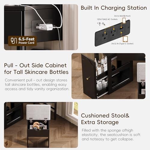 Makeup Vanity Desk Without Mirror, Corner Vanity Desk Set with Storage Cushioned Stool and Charging Station, Makeup Desks with Removable Pull-Out Side Cabinet for Women, Small Place (Black)