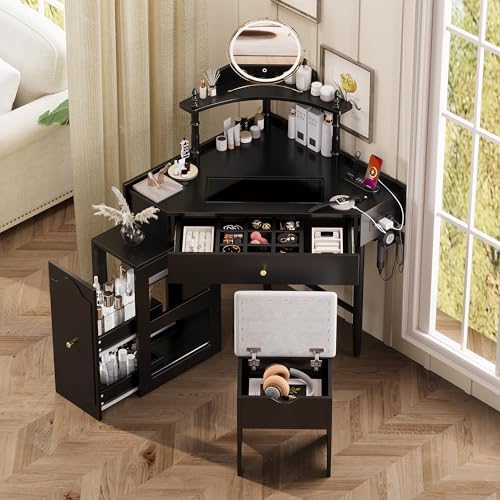 Makeup Vanity Desk Without Mirror, Corner Vanity Desk Set with Storage Cushioned Stool and Charging Station, Makeup Desks with Removable Pull-Out Side Cabinet for Women, Small Place (Black)