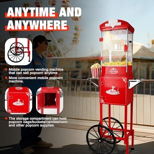 10 Oz Popcorn Machine with Cart, Popcorn Popper Makes Up to 40 Cups, Vintage Movie Theater Style Pop corn Machine with 304 Stainless-Steel Movie Night Supplies for Home (Red)