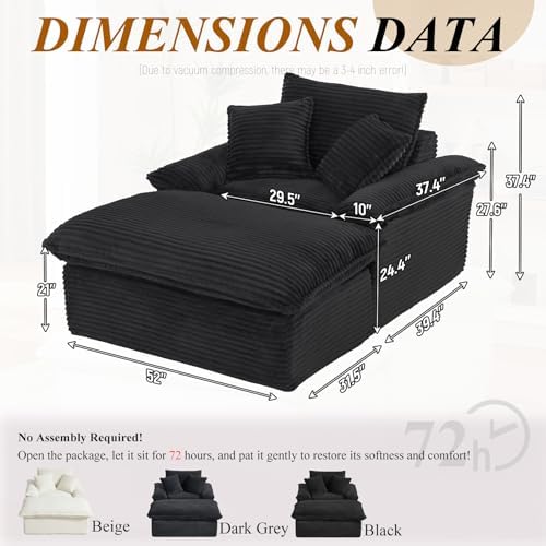51'' Chaise Lounge Chair Indoor with Ottoman, Oversized Corduroy Upholstered Boneless Sofa Bed, Deep Seat Sleeper Couch Reading Chairs, Cloud Sofas Couches for Living Room (Black)