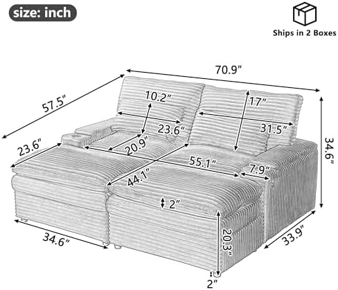 70.9" Oversized Double Lounge Chaise | Loveseat Sofa | Sectional Convertible Sofa Bed | USB Ports | Cup Holders | Storage Space | Cloud Plush Couch Bed | Living Room Reading (Black)