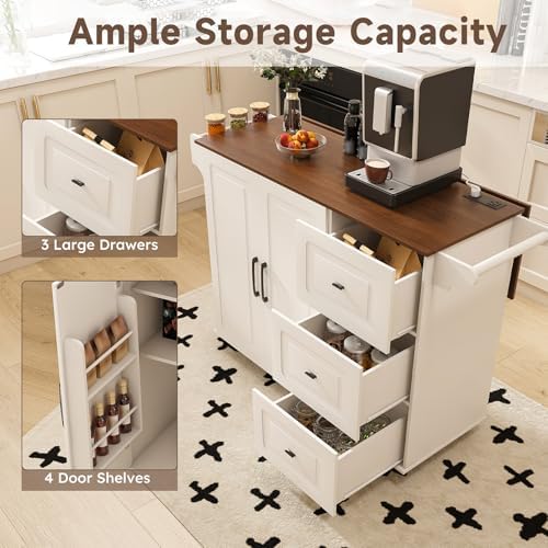 Kitchen Island Cart with Trash Can Storage, 44" Portable Kitchen Island on Wheels with Drop Leaf & Power Outlet, Large Mobile Islands Table, Bar Table with Towel Rack & Spice Rack