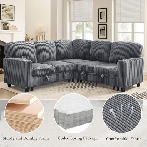 81'' Modular Sectional Sleeper Sofa with Pull Out Bed, U Shaped Sectional Couch with Storage & USB Charging, Extra Wide and Deep Seat Couches for Living Room (Grey)