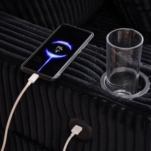 56'' Oversized Chaise Lounge Chair Indoor, Comfy Corduroy Chaise Sofa Recliner Bed Upholstered Sleeper Couch Bed with USB Charging, LED, Cup Holder, Side Pocket for Living Room (Balck)