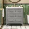 30'' Bathroom Vanity with Ceramic Sink Combo, Bathroom Vanity Storage Cabinet with Gold Pull, 1 Tip-Out Drawer & 2 Drawers, Solid Wood Frame Storage Vanities with Sink (Gray)