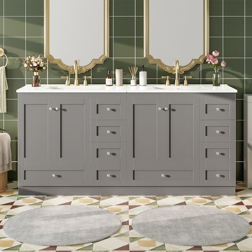 72'' Bathroom Vanities with Ceramic Sink Combo, Freestanding Double Bathroom Vanity Storage Cabinet 4 Soft Closing Doors & 2 Drawers Floor Standing Storage (Grey)