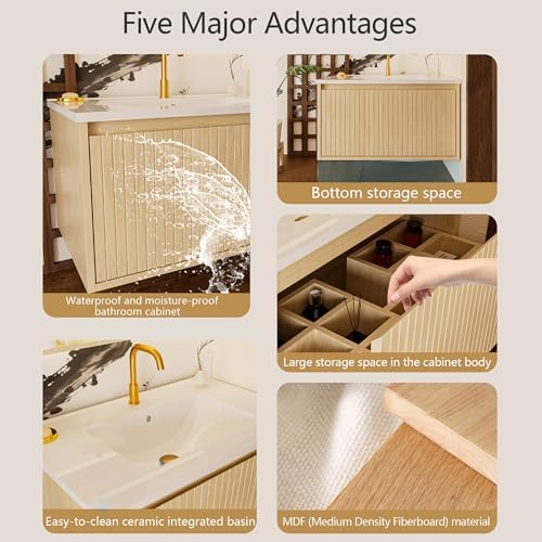 30'' Fluted Bathroom Vanity with Sink Combo, Floating Sink Bathroom Vanity Wall-Mounted Bath Room Vanities with Drawers, Bath Storage Cabinet (Wood)