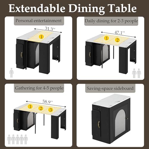 Extendable Dining Table for 4-6, 33''-59'' Extending Dining Table w/Removable Leaves Space Saving, Mobile Rolling Island Tables with Power Outlet Wooden Adjustable Tables for Kitchen (Black)