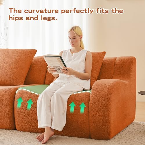 82'' L Shaped Couch | Boneless Couches for Living Room with 1 Ottoman | Modular Sectional Couch in A Box | 32D High Density Sponge | Curved Armrest Sofa (Orange, 2Seater + 1 Otto)